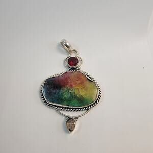 Handmade Sterling Silver Pendant with Rainbow Fluorite Garnet and Smoky Quartz